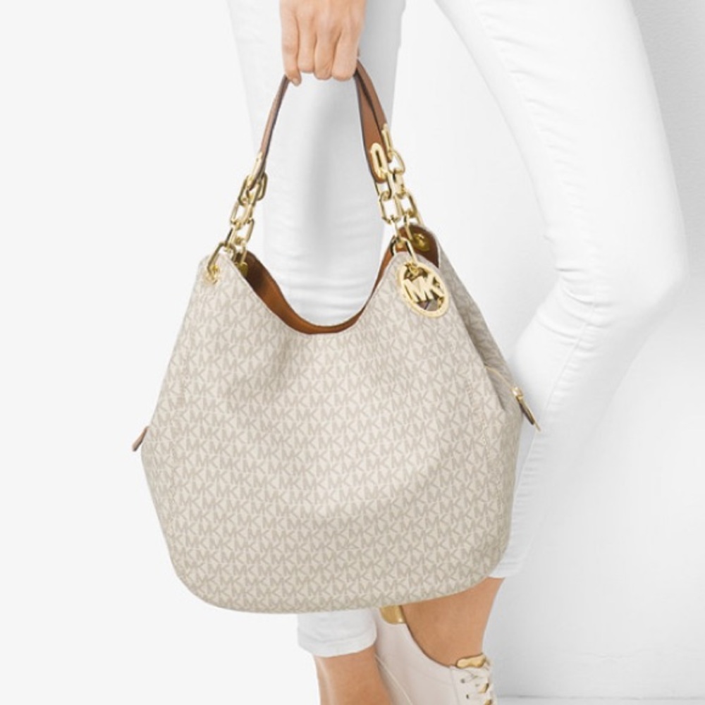Michael Kors Signature Fulton Large Shoulder Bag Tote Lillie Large Logo Vanilla